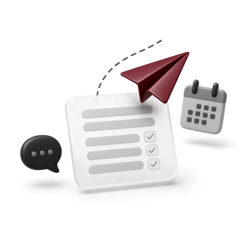 A paper plane taking off from a project brief card, with a chat bubble and a calendar