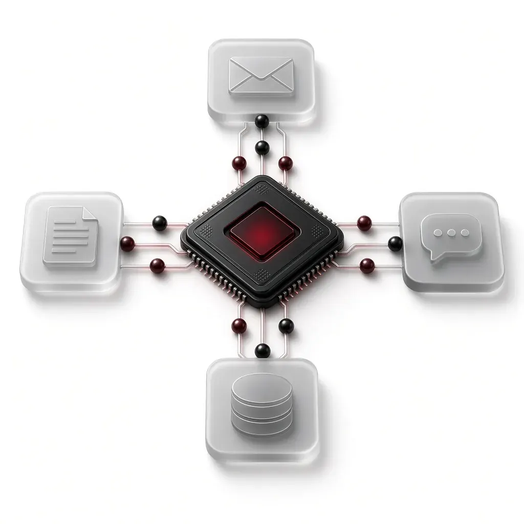 An AI processor chip connected to email, document, chat and database cards