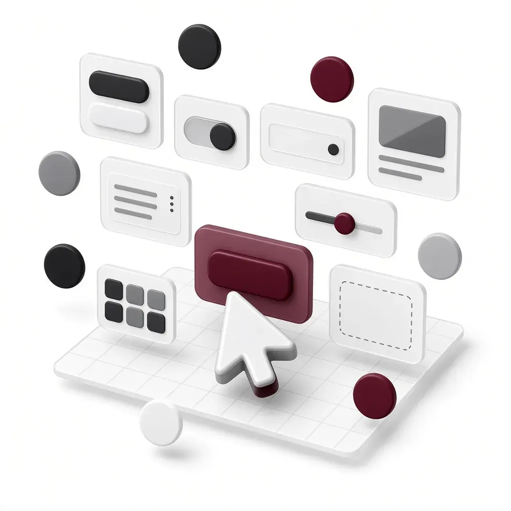 An exploded design system of interface components with a cursor selecting a button