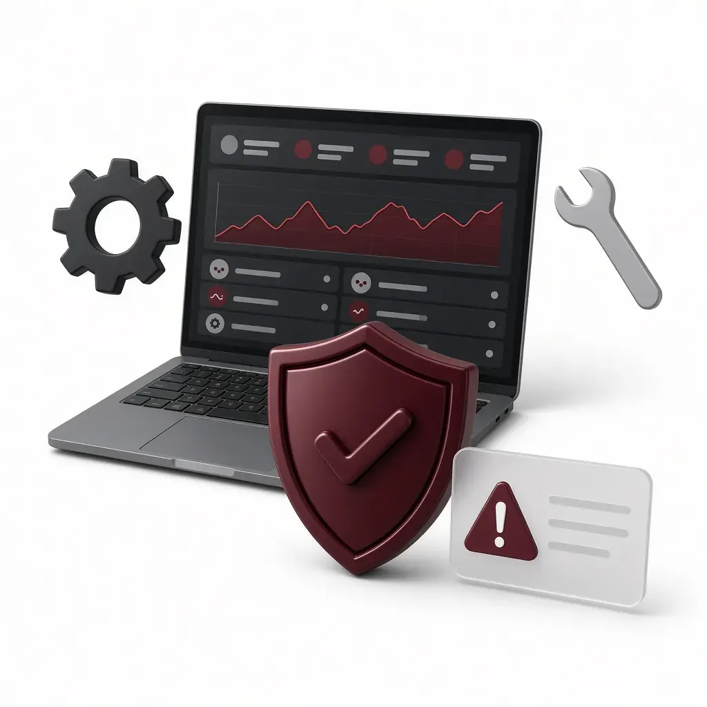 A laptop with a monitoring dashboard, a shield with a check mark, a gear and a wrench
