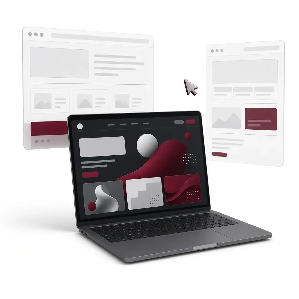A laptop showing a marketing website with floating browser windows of page layouts