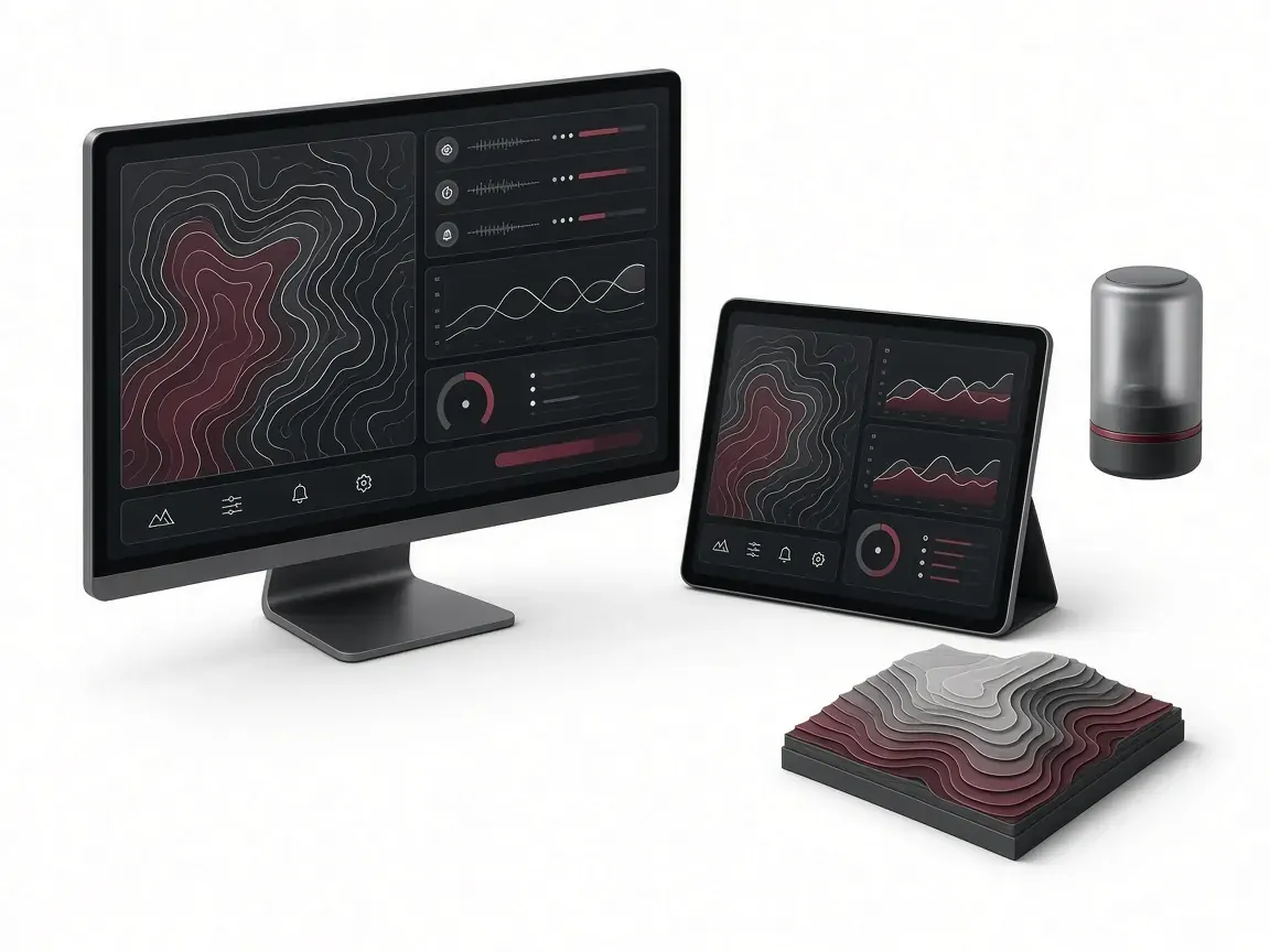 A monitor and tablet showing an environmental control dashboard with a contour map, next to a sensor device