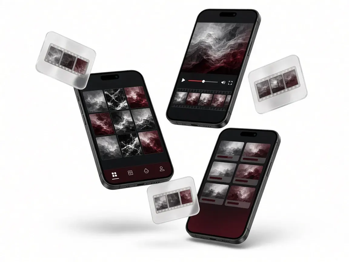 Three smartphones showing a dark media archive gallery, video player and collection view